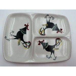 VTG GLIDDEN BLACK ROOSTER GRILL PLATE 3 DIVIDED RELISH DISH MIDCENTURY 12X9"